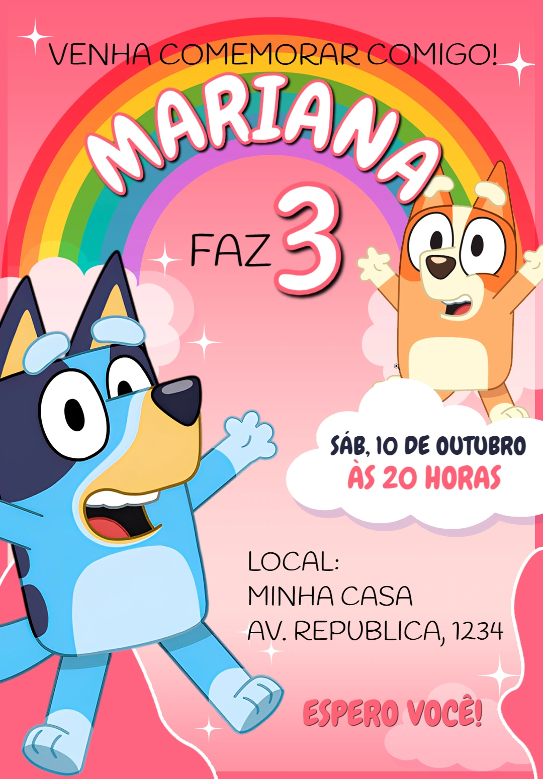 Convite de Aniversário Bluey e Bingo para Editar Online