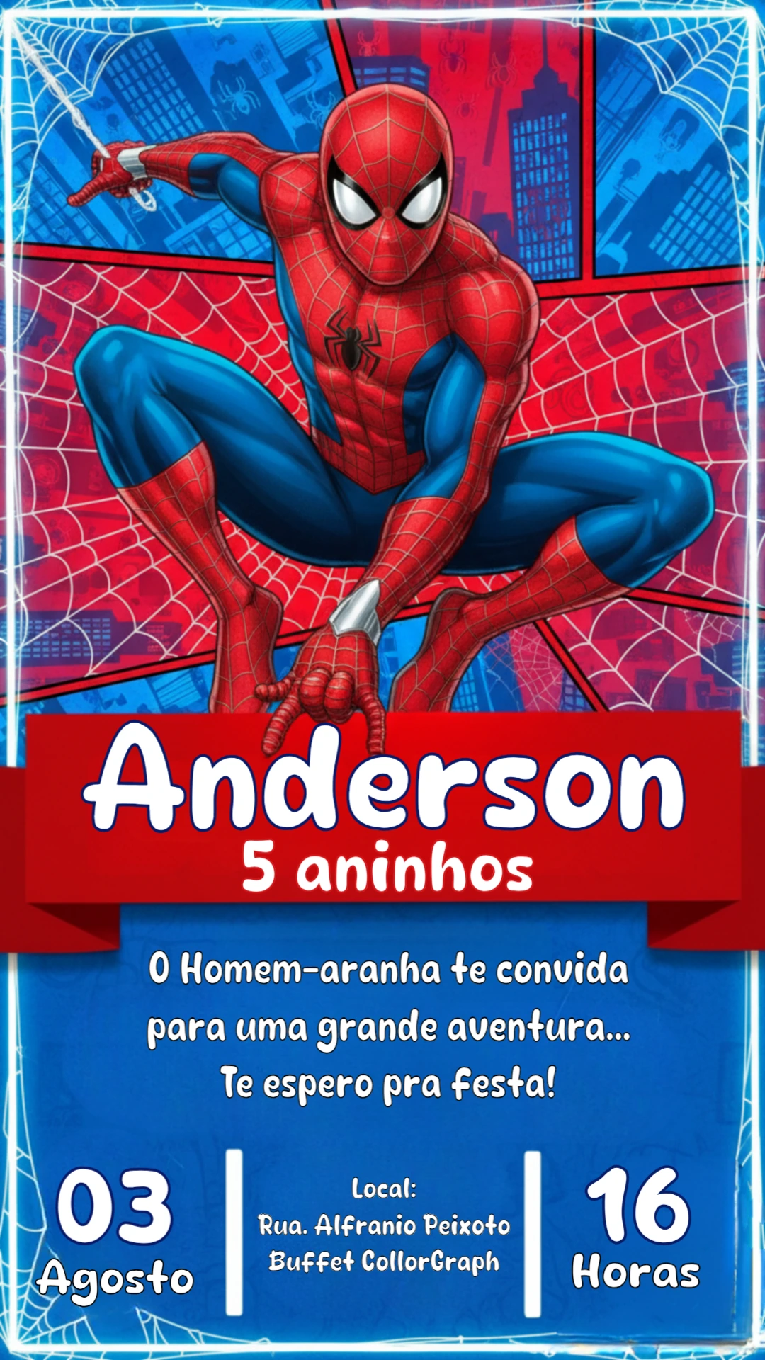 Convite de Aniversário Homem-Aranha estilo quadrinhos para editar