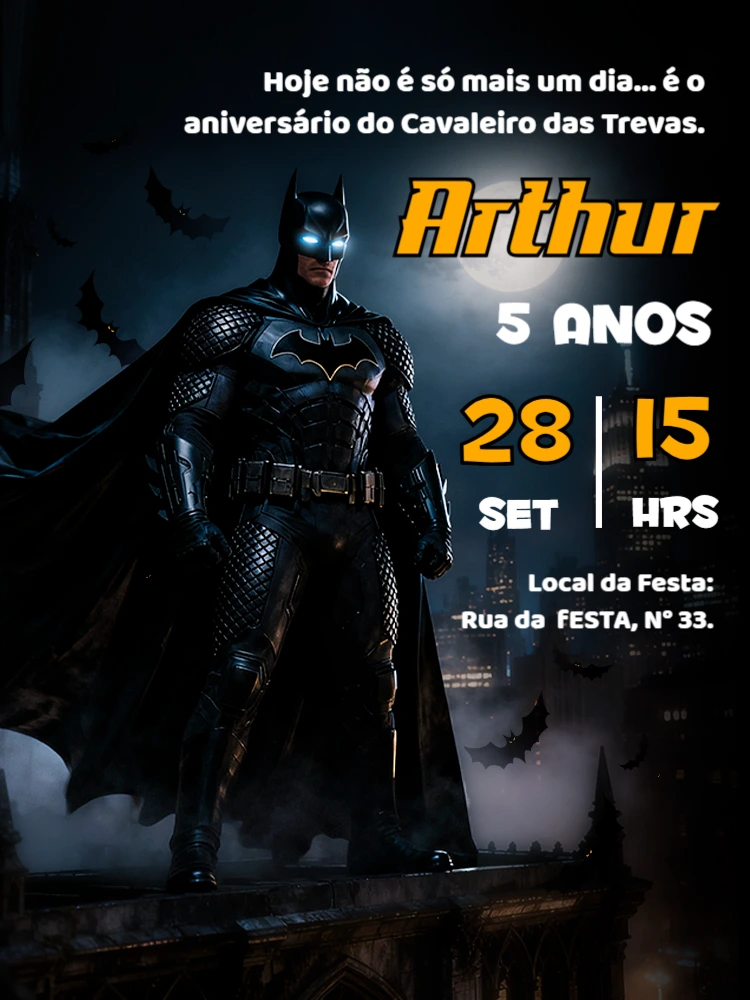 Convite de Aniversário Batman Cavaleiro das Trevas para Editar
