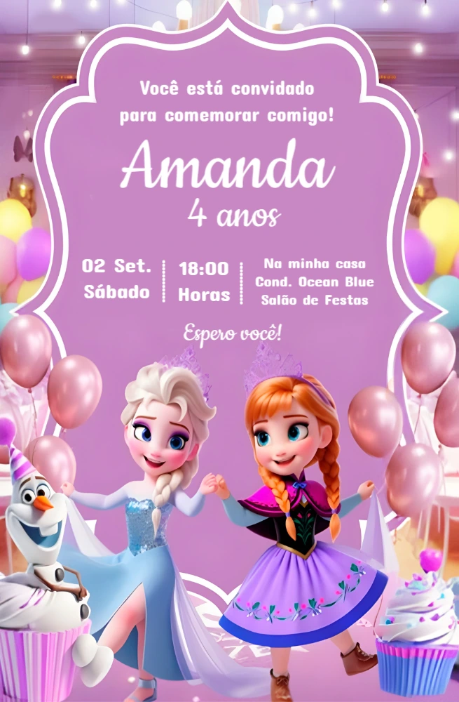 Convite Aniversário Frozen Cute com Elsa e Anna para Editar