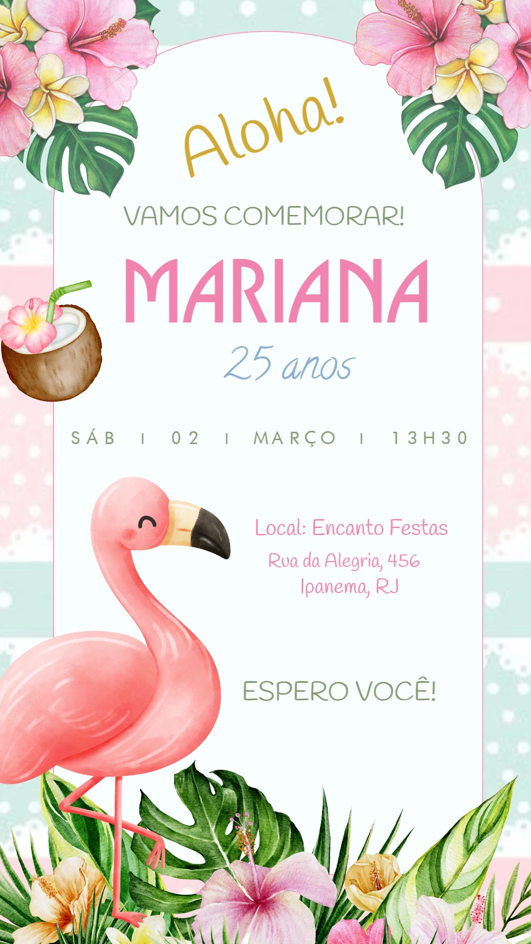 Convite Aniversário Tropical com Flamingo para Editar Online