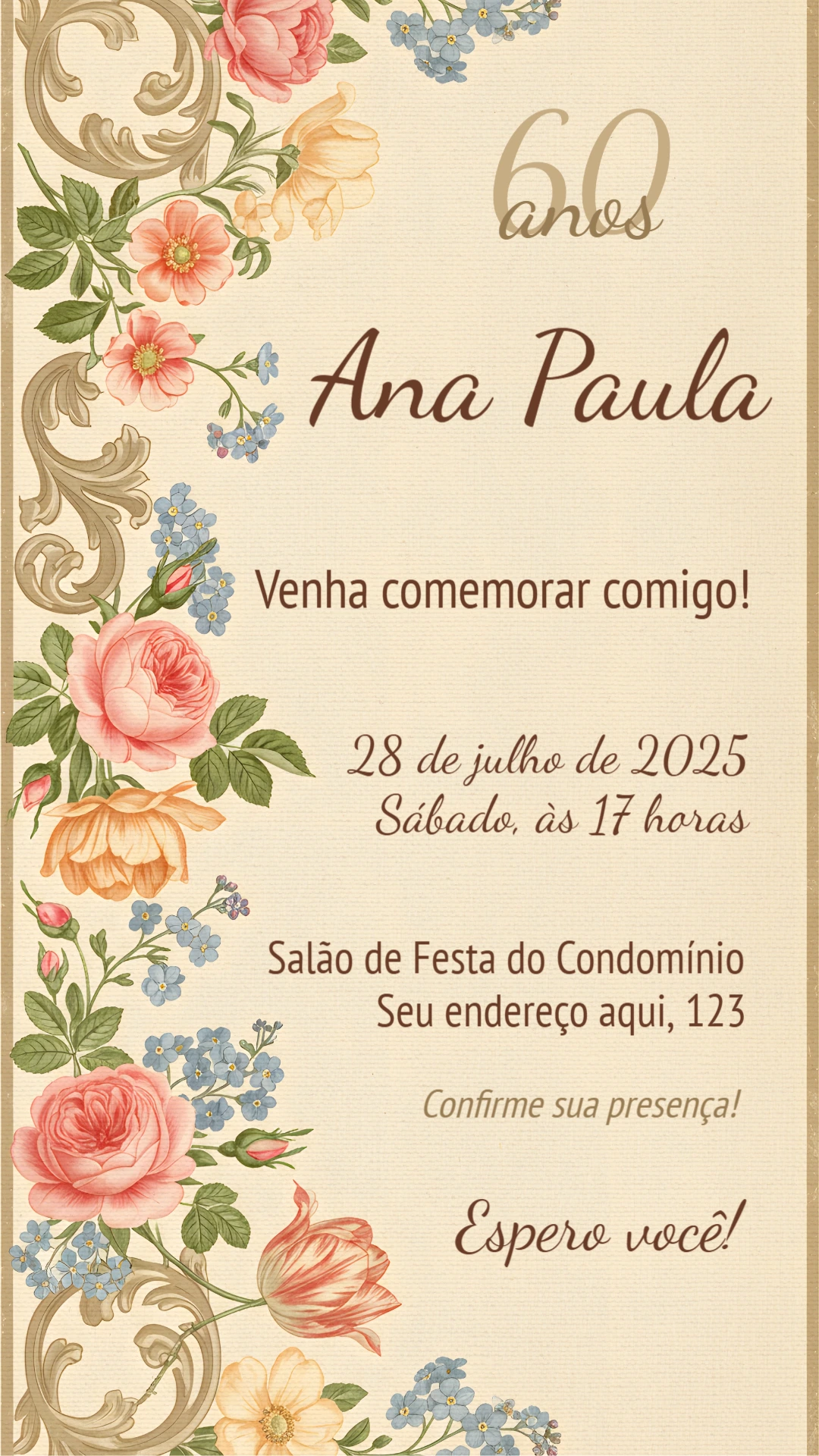 Convite de Aniversário Floral Vintage para Editar Online