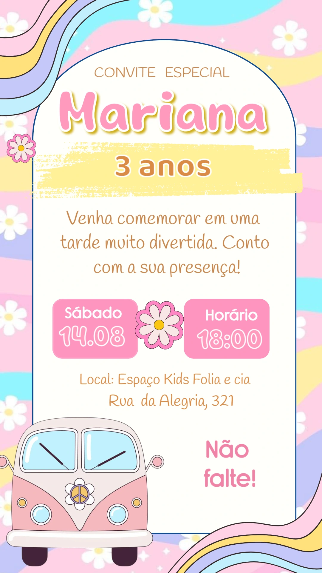 Convite Aniversário Kombi Rosa Hippie para Editar Online