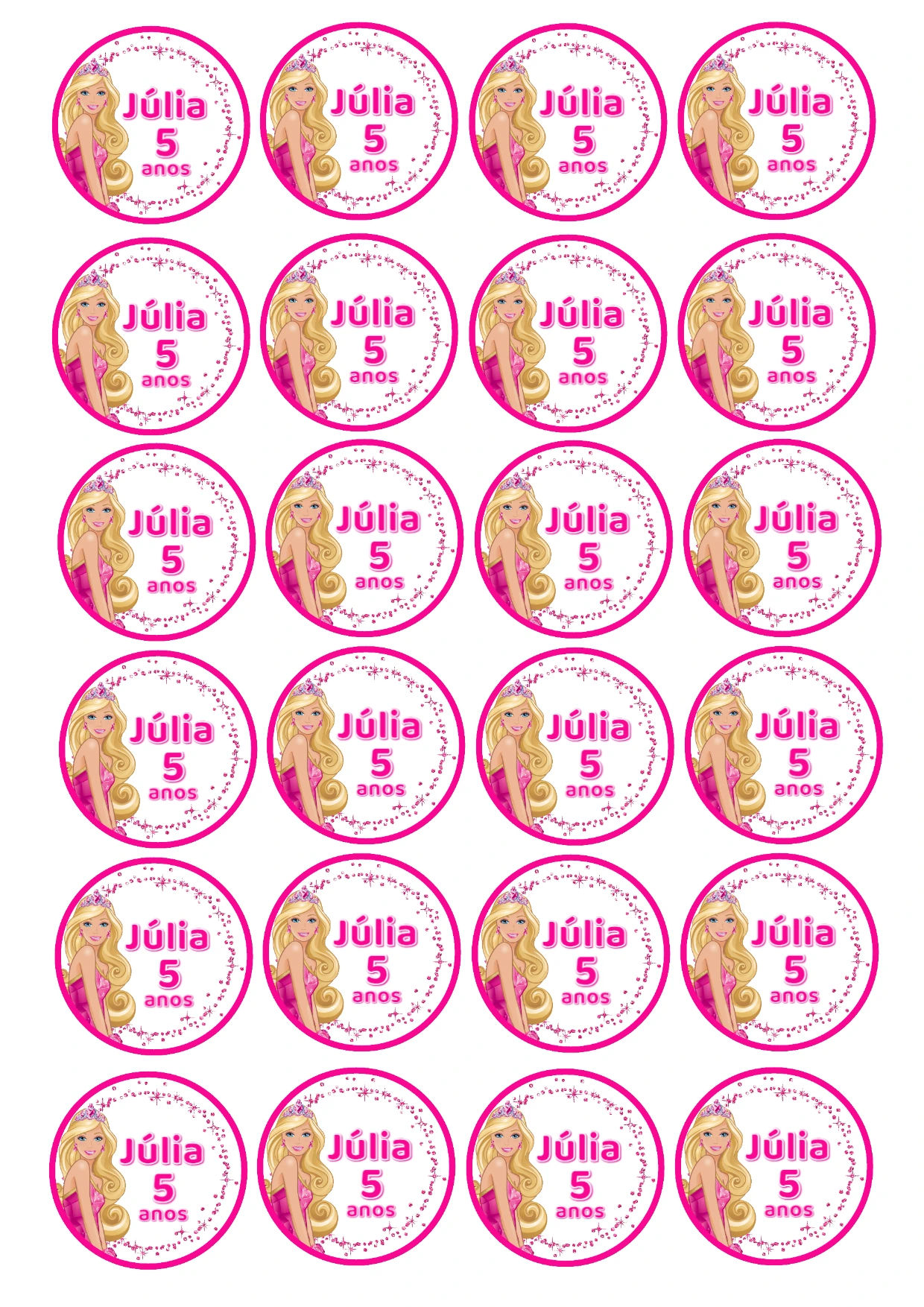 Tag Adesivo Redondo Barbie para Editar e Imprimir