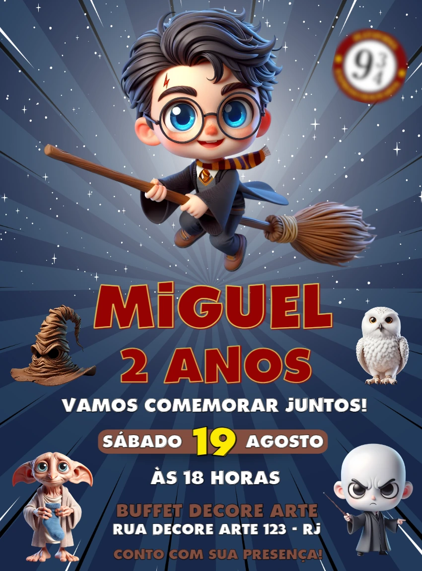 Convite Aniversário Harry Potter Toy para Editar Online