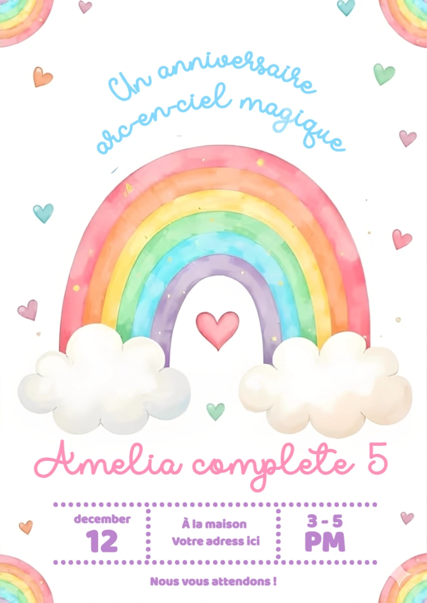 Invitation Anniversaire Arc-en-ciel Magique Modèle à Modifier