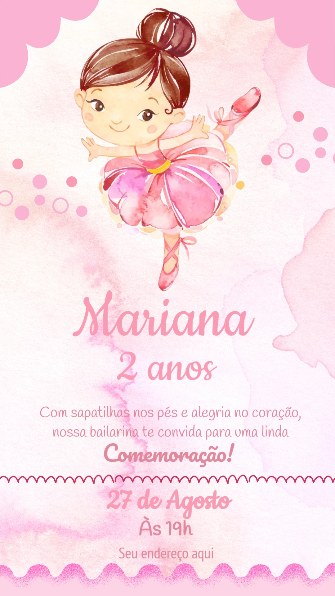 Convite de Aniversário Bailarina Aquarela para Editar Online