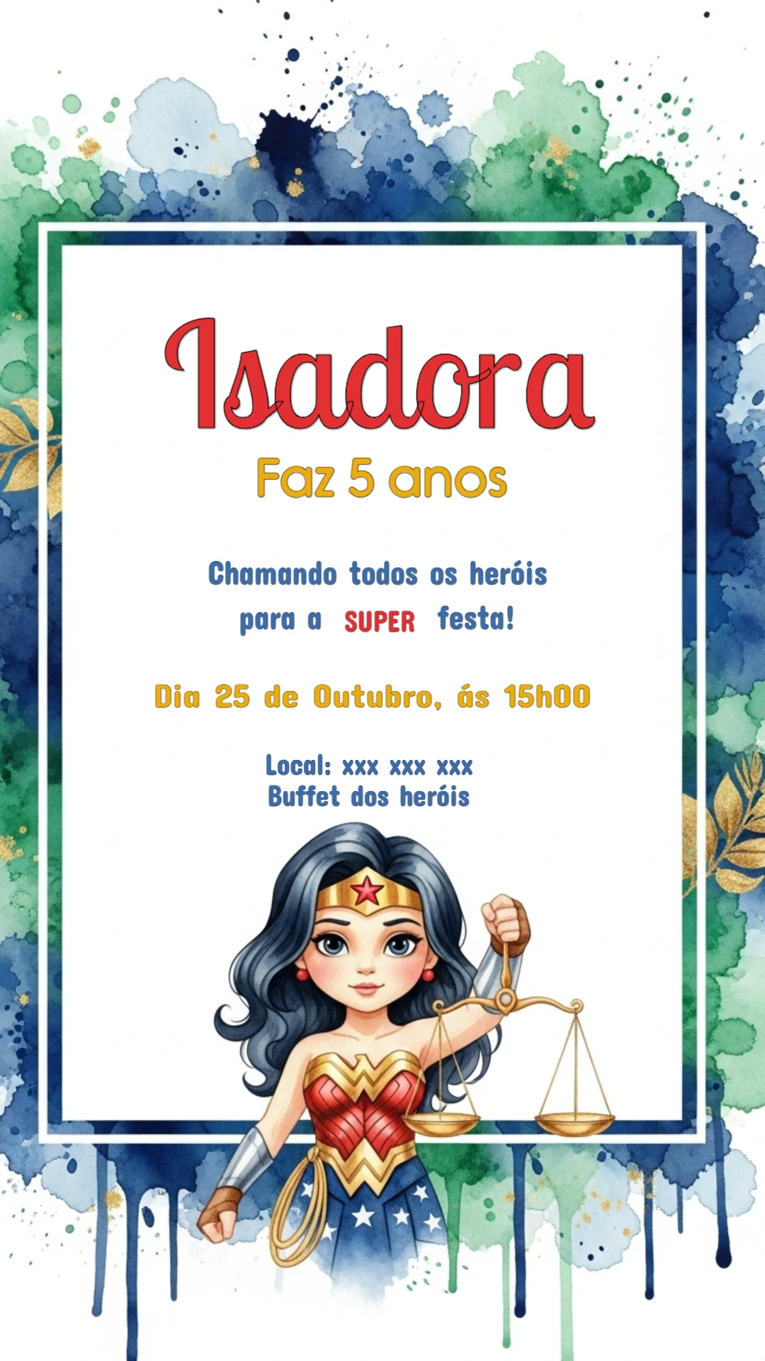 Convite Aniversário Mulher Maravilha Infantil para Editar Online