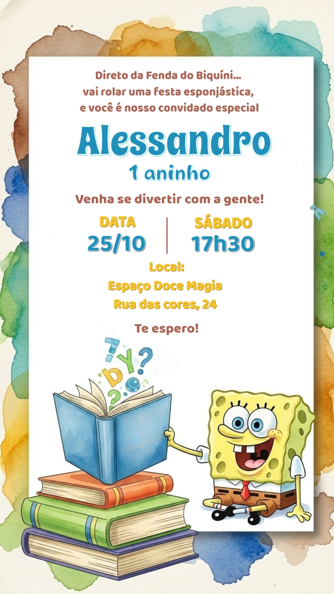 Convite Aniversário Bob Esponja Aquarela para Editar Online