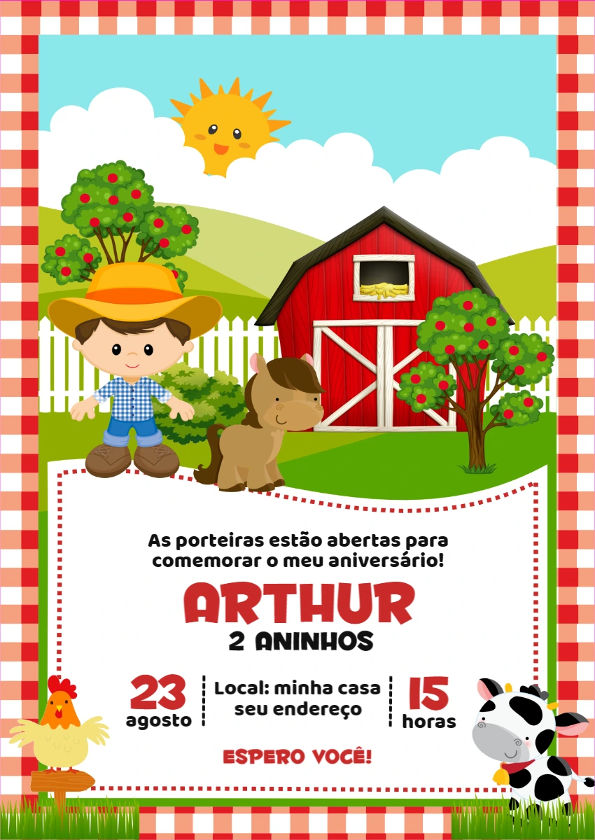 Convite Aniversário Fazendinha com Menino para Editar Online