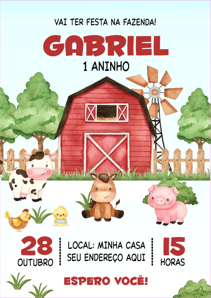 Convite Aniversário Fazendinha com Animais para Editar Online