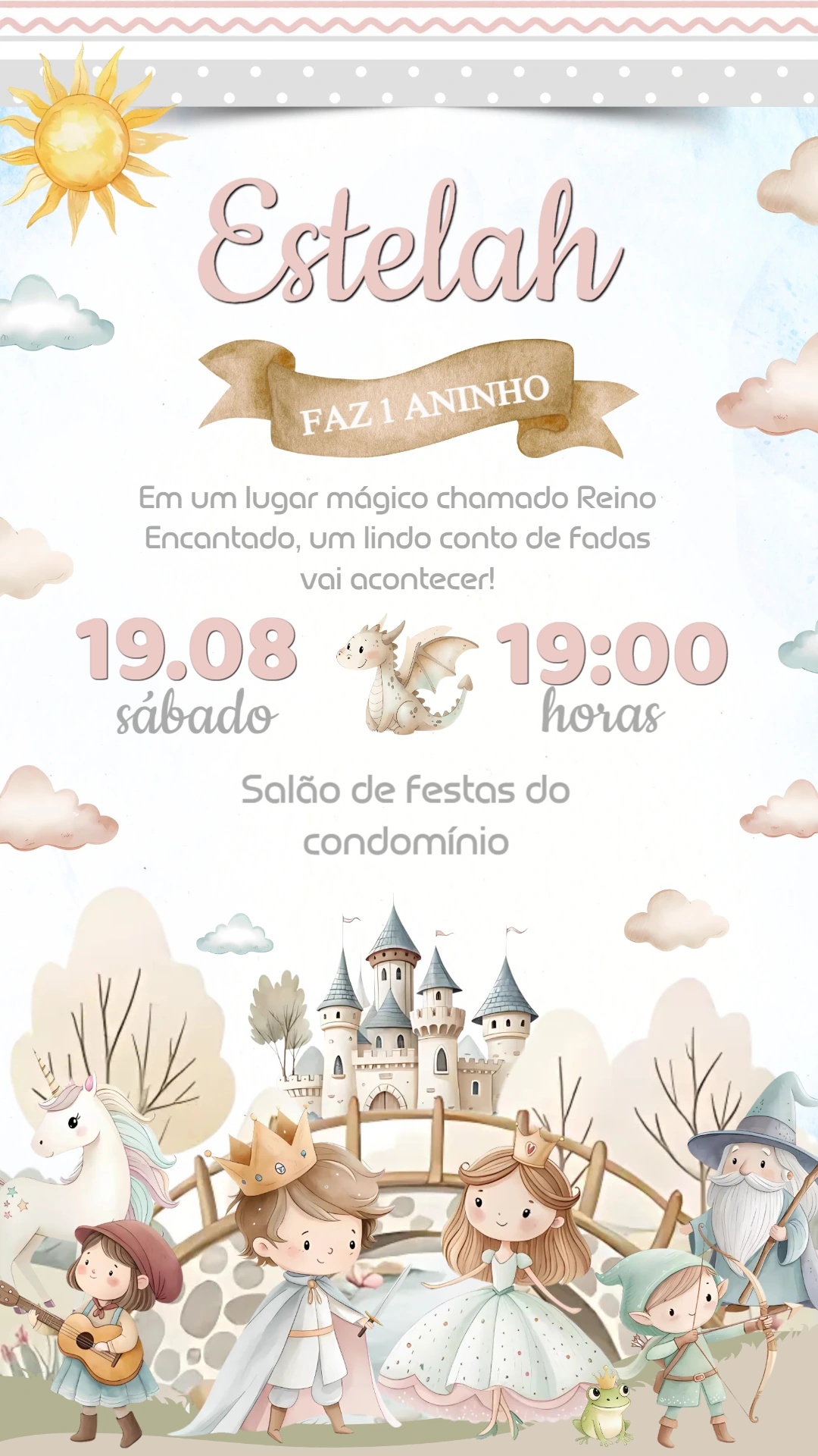 Convite Editável Online Aniversário Tema Reino Encantado