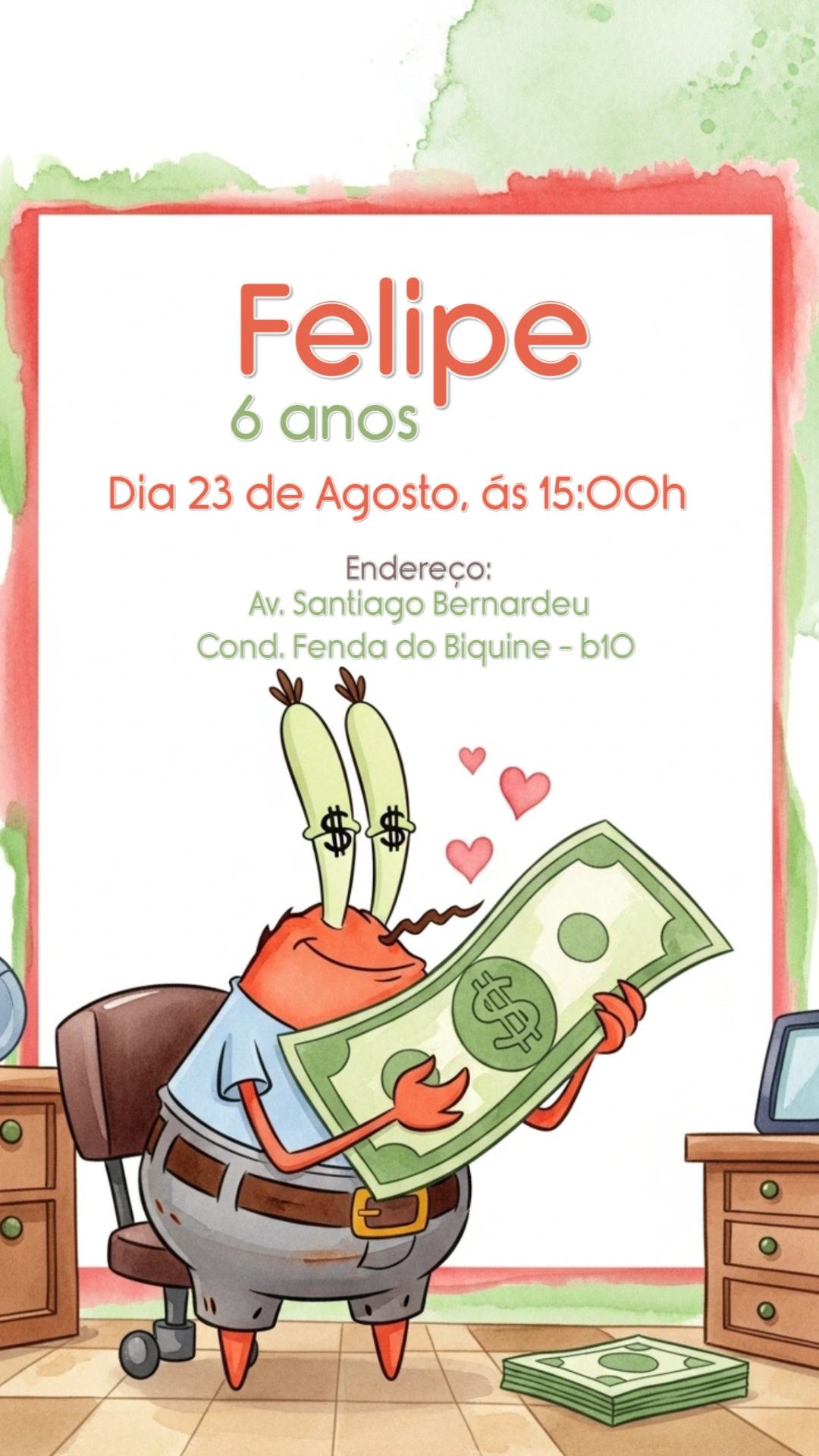 Convite de Aniversário Bob Esponja Seu Siriguejo para Editar