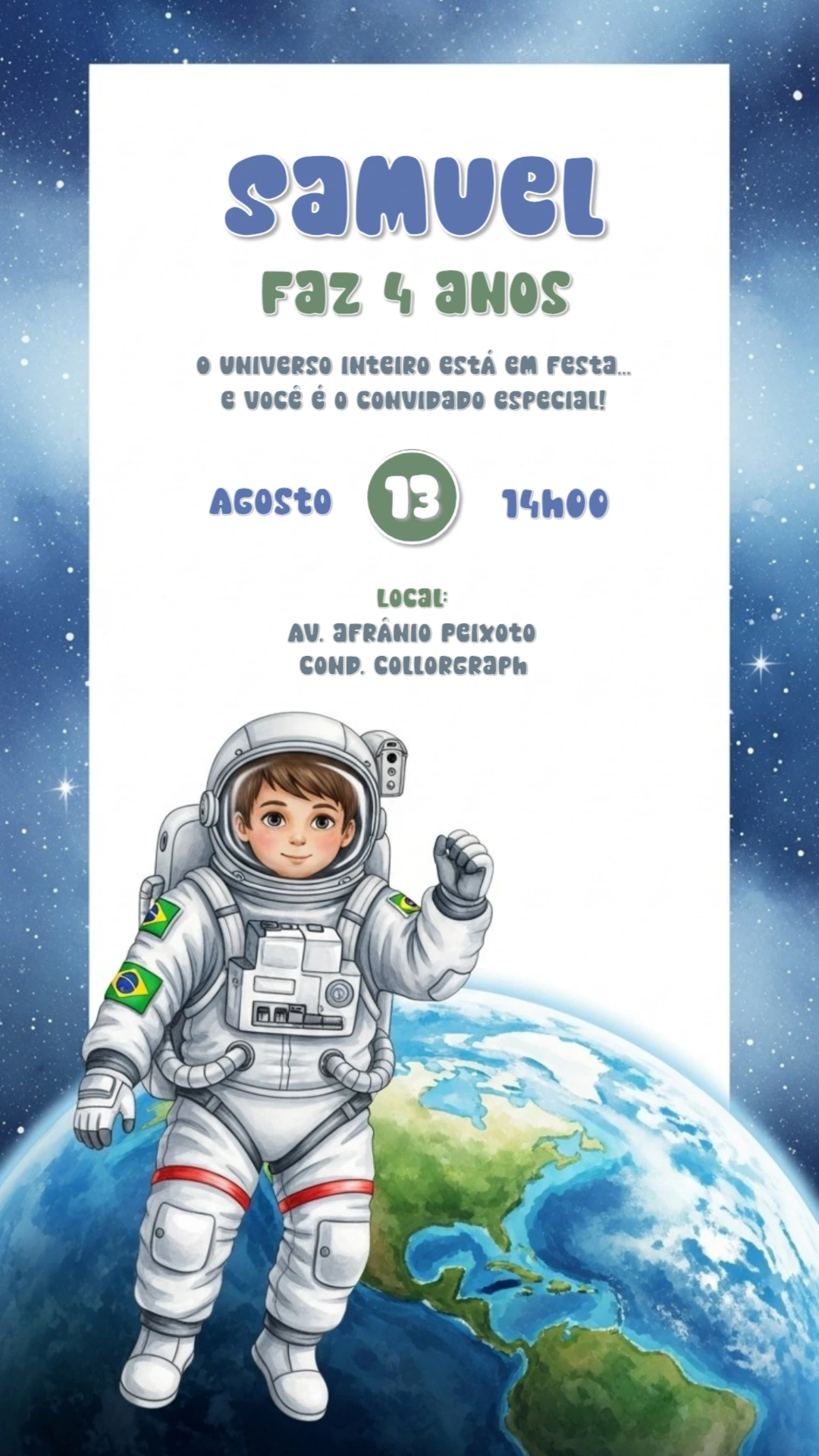 Convite Aniversário Astronauta Menino para Editar Online
