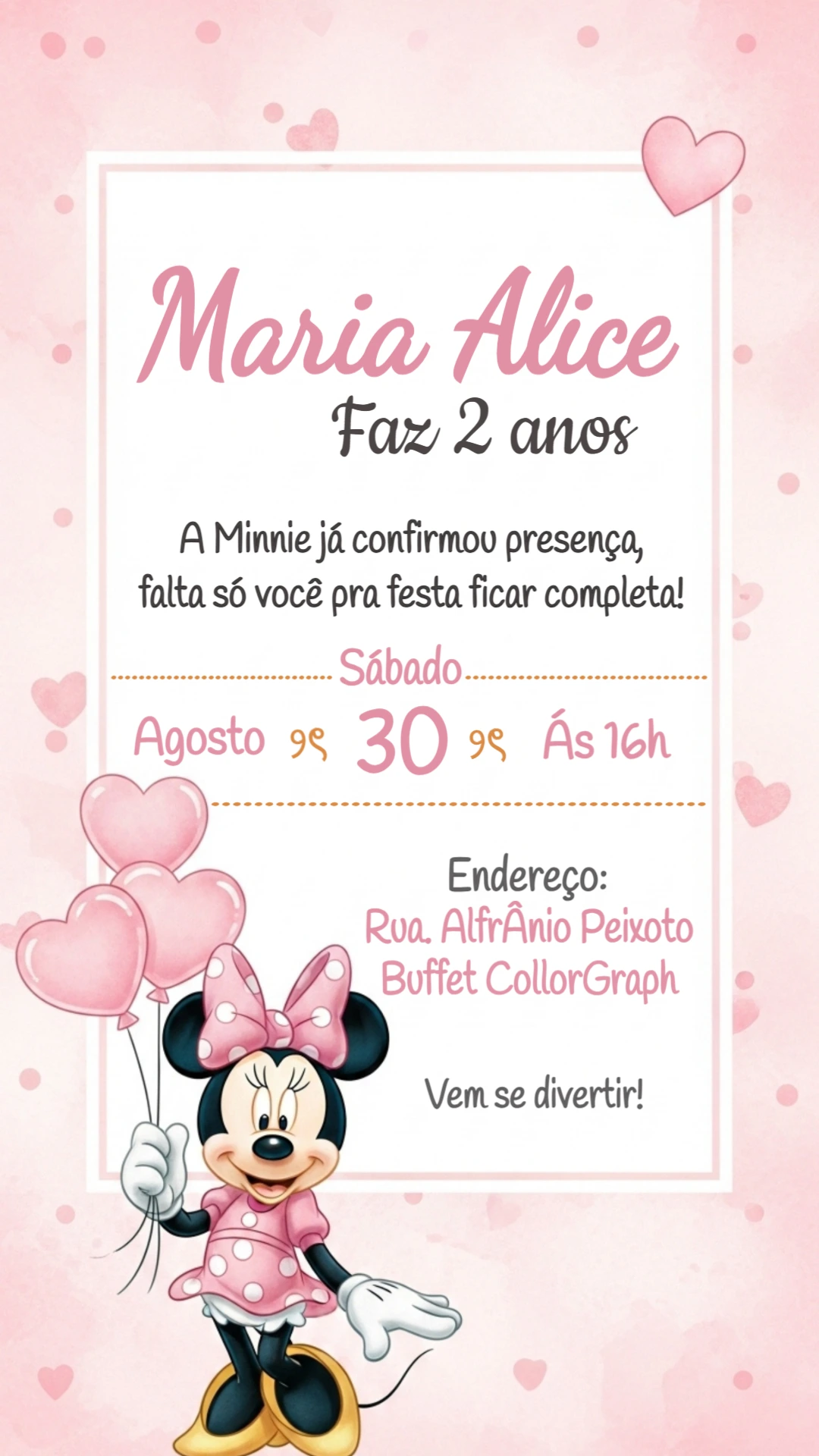 Convite Aniversário Minnie Mouse Rosa para Editar Online