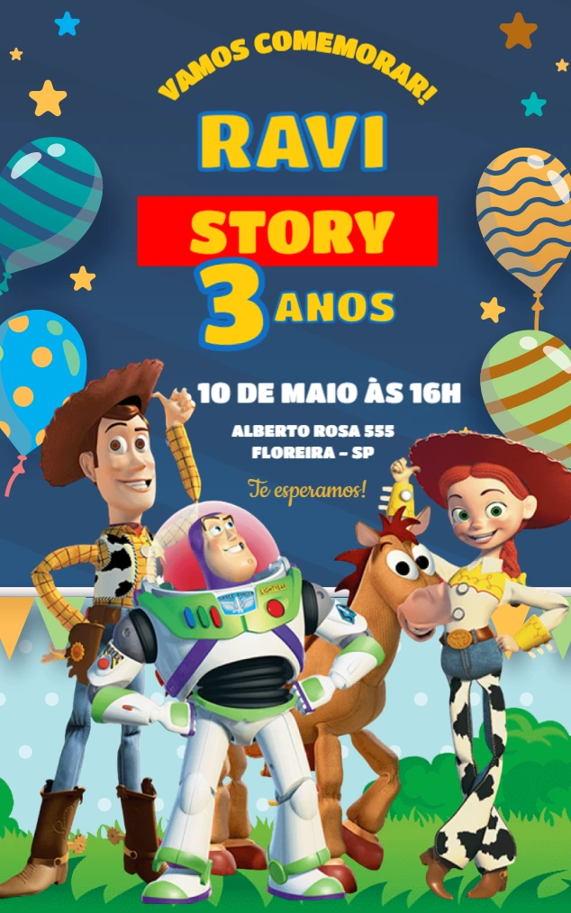 Convite Digital Aniversário Infantil Tema Toy Story Editável