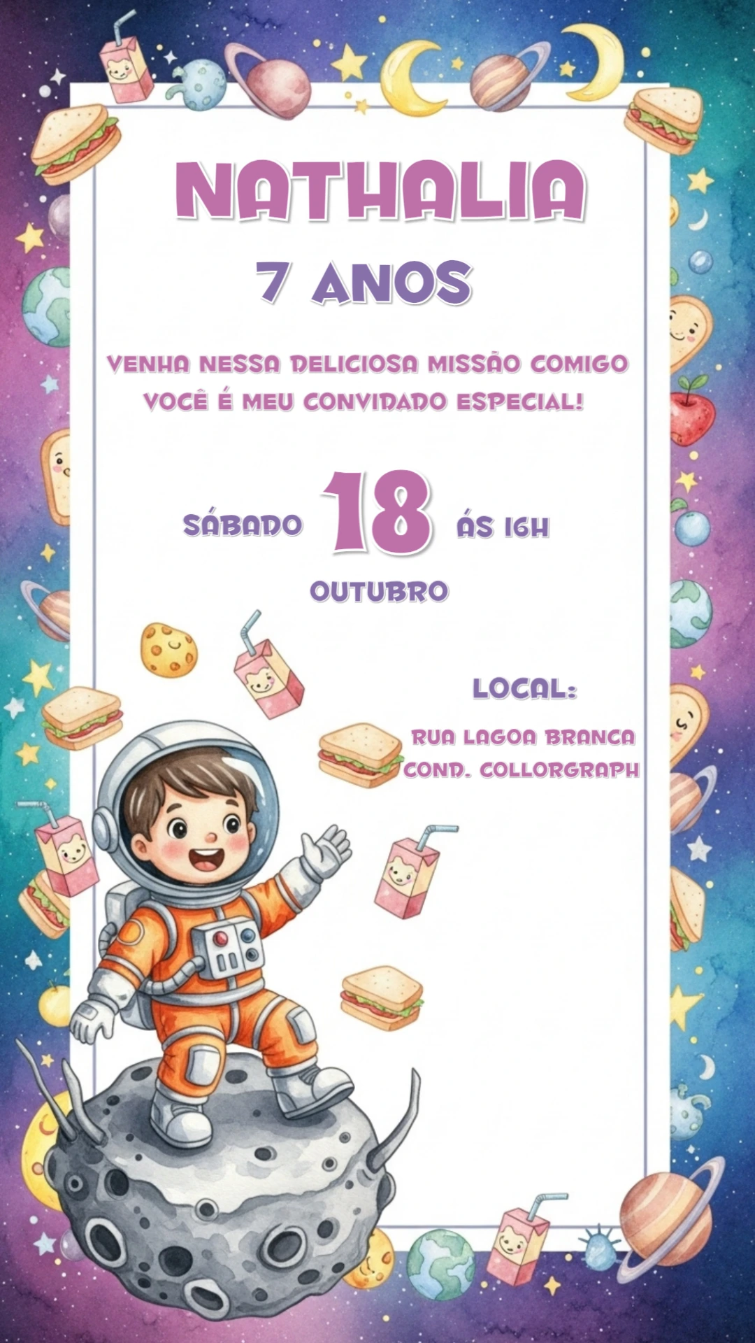 Convite Aniversário Astronauta Infantil para Editar Online