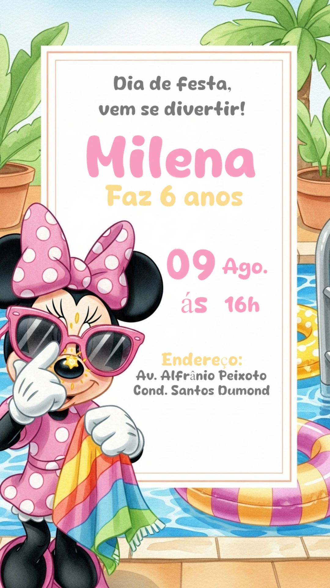 Convite Aniversário Minnie Piscina para Editar Online