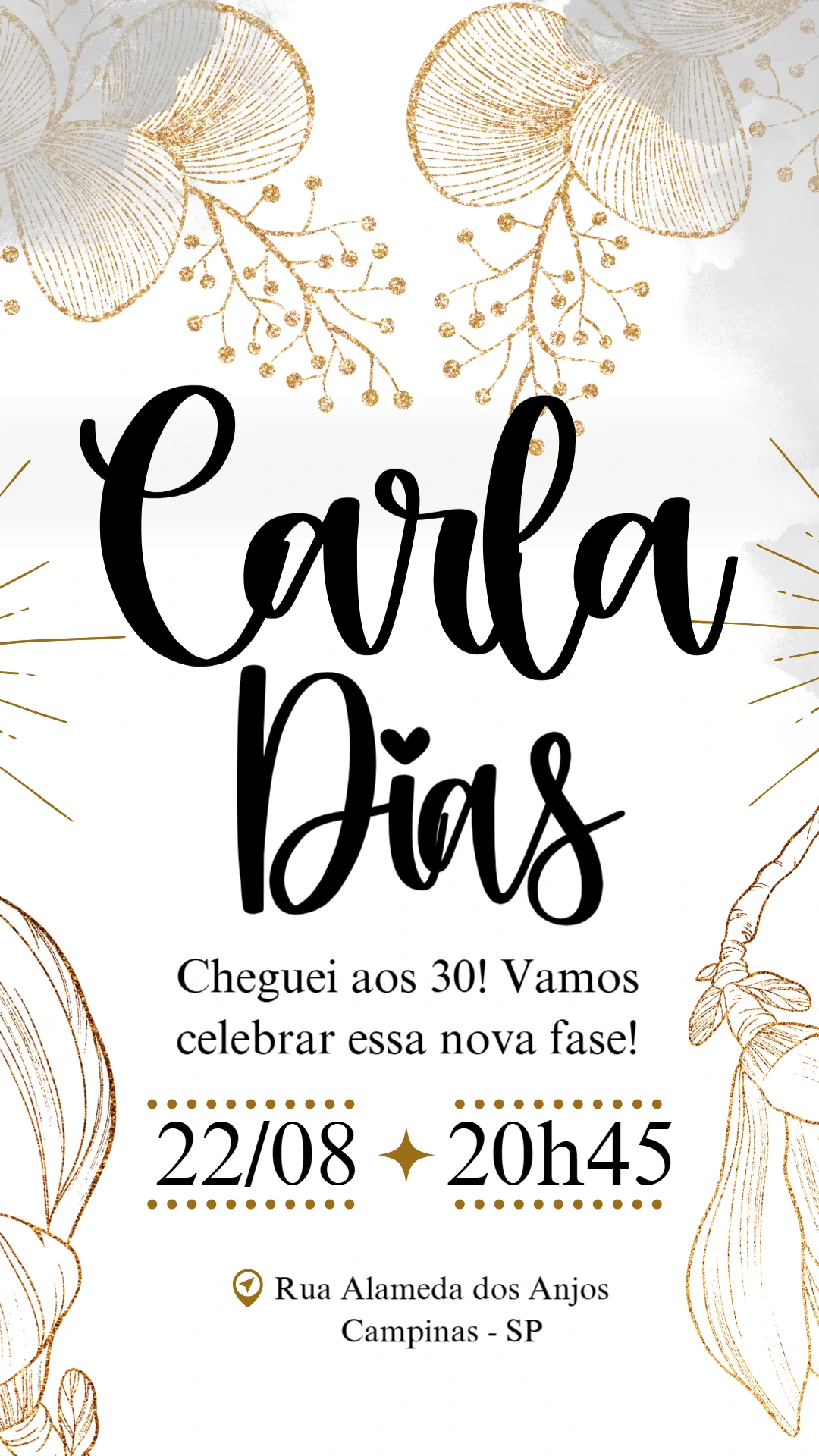 Convite Aniversário Flores Douradas Elegante para Editar Online