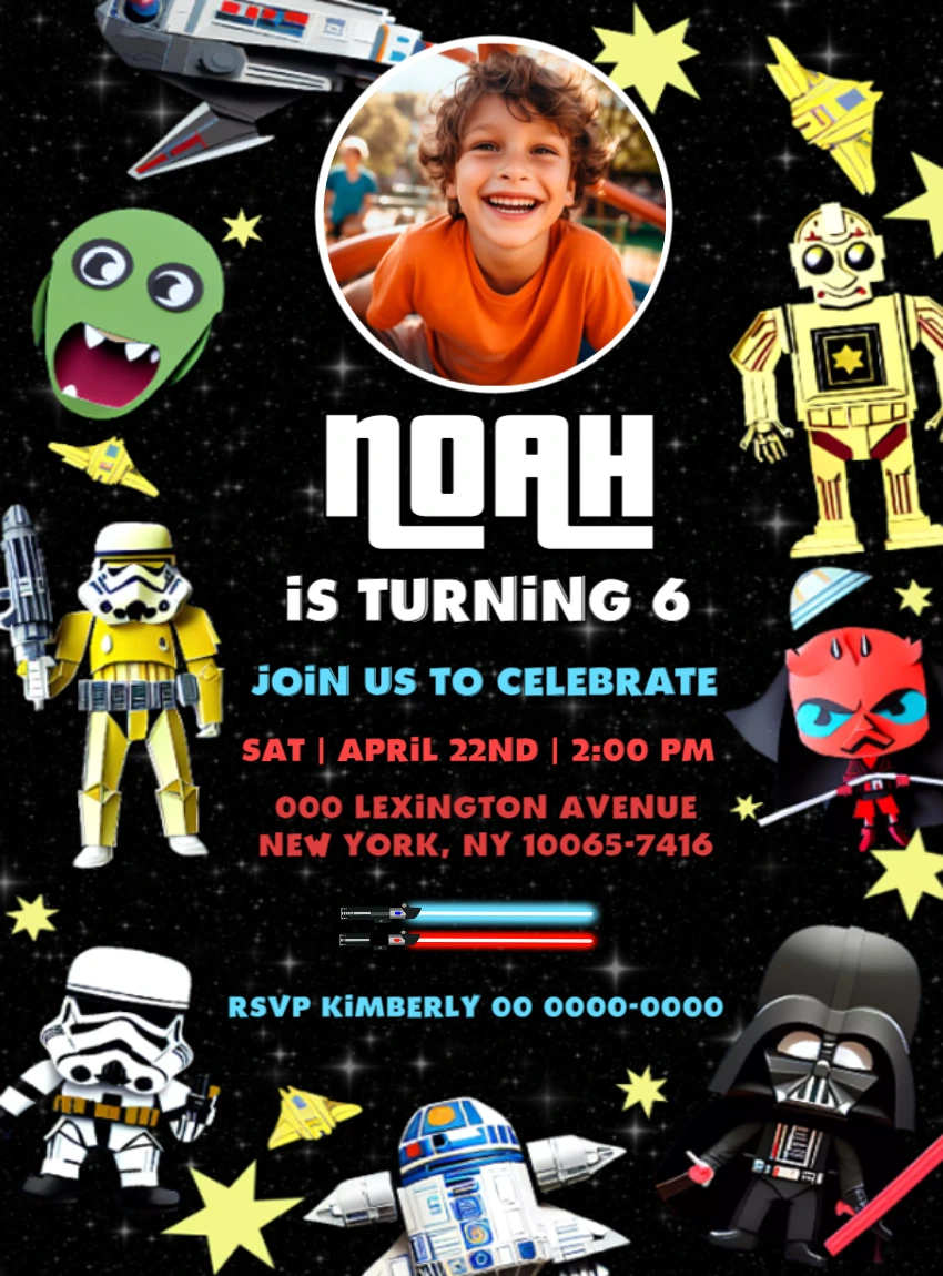Space Wars Birthday Party Invitation Template to Edit with photo