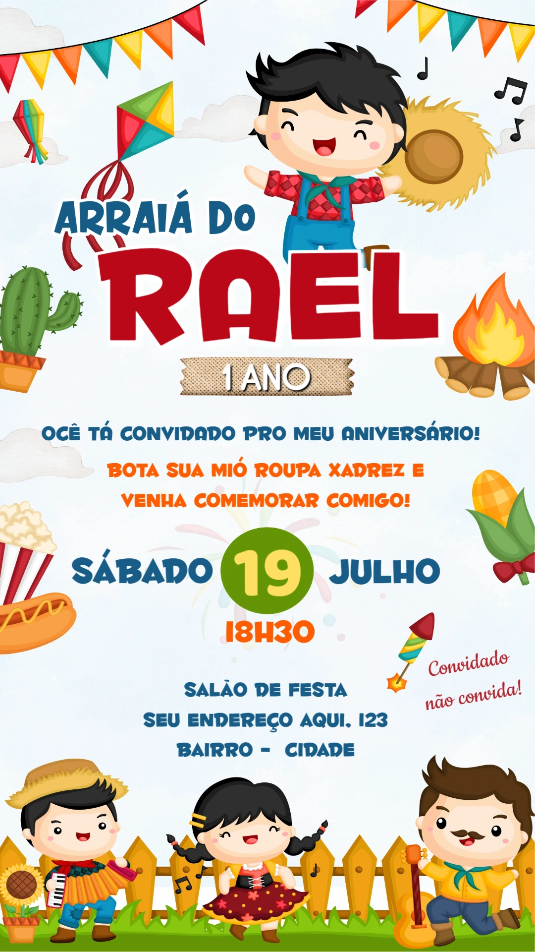 Convite Aniversário Festa Junina Menino para Editar Online