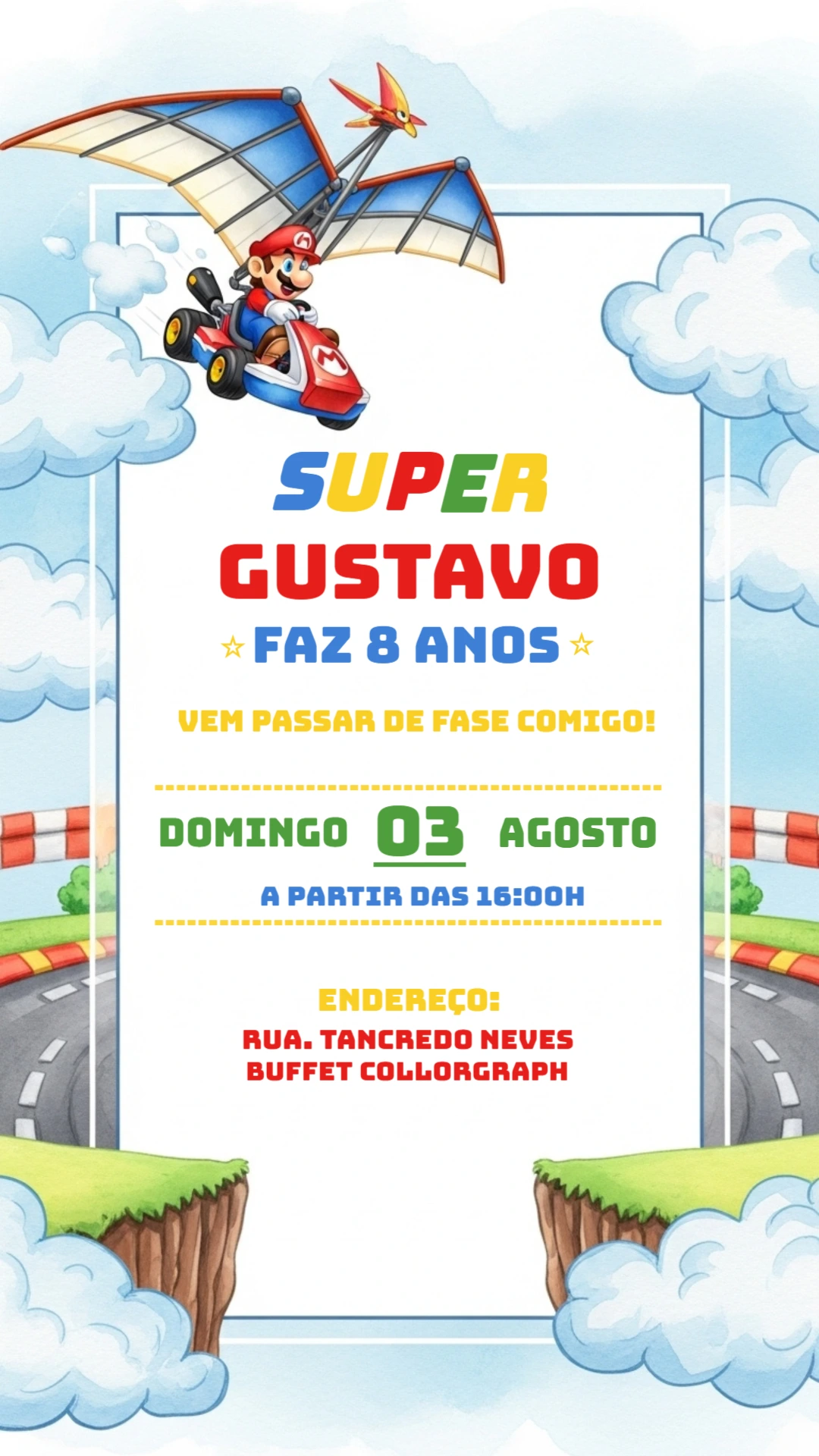 Convite Aniversário Super Mario com Personagens para Editar Online