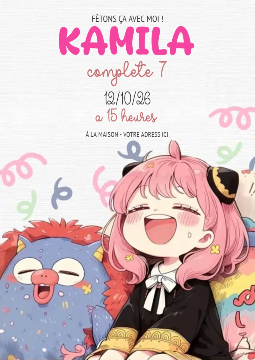 Invitation anniversaire fille thème anime rose - Modèle éditable