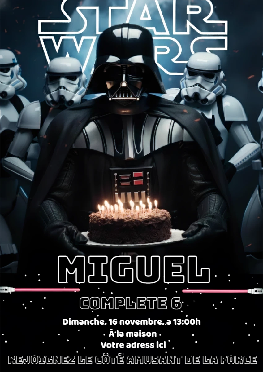 Invitation d'anniversaire Star Wars avec Dark Vador à modifier