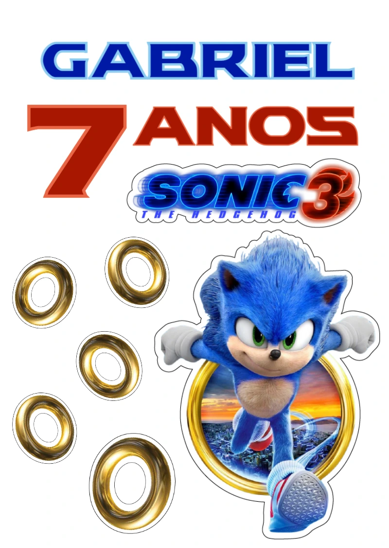 Topo de Bolo Sonic 3 para Aniversário com Personagens para Editar