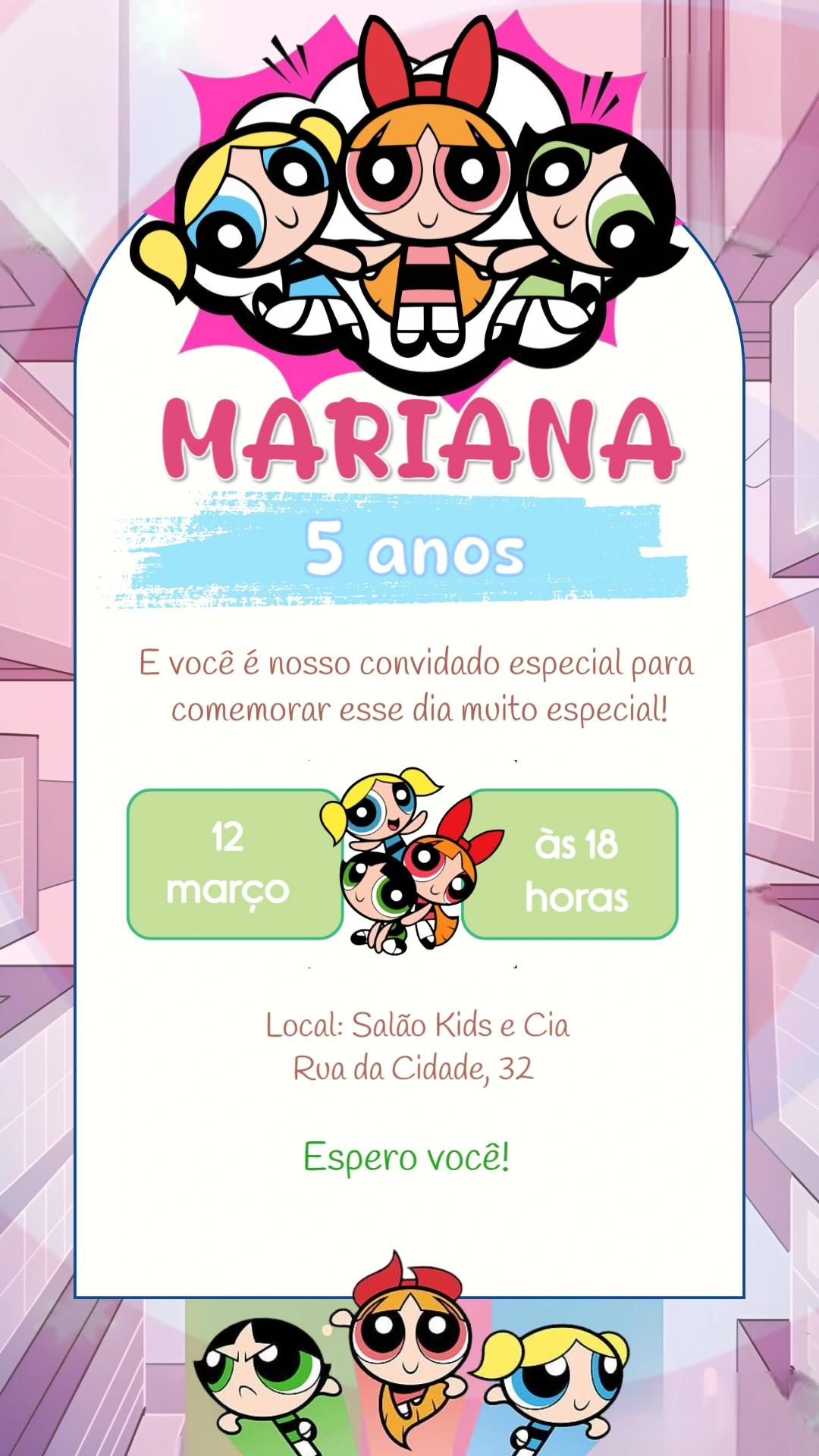 Convite de Aniversário Meninas Super Poderosas para Editar Online