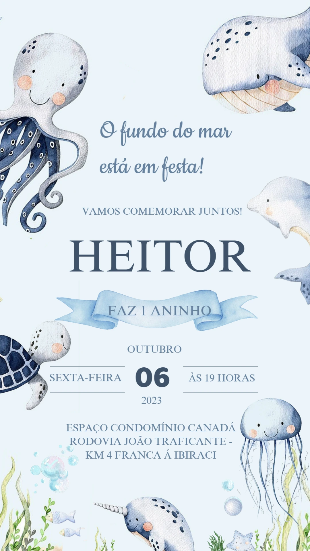 Convite Aniversário Fundo do Mar Aquarela para Editar Online