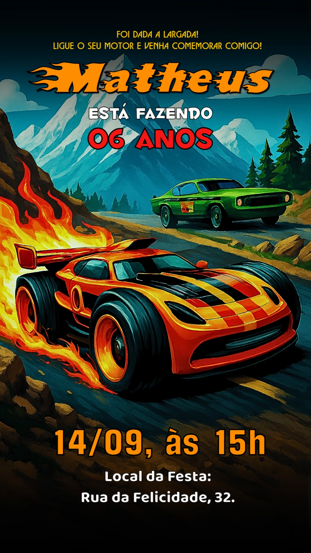 Convite Aniversário Carros de Corrida Radical para Editar Online
