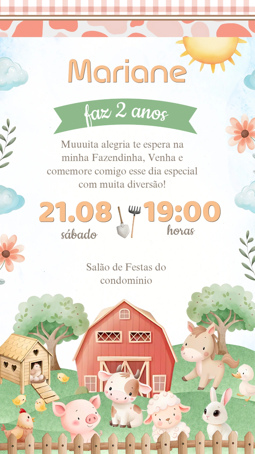Convite Aniversário Fazendinha com Animais Fofos para Editar