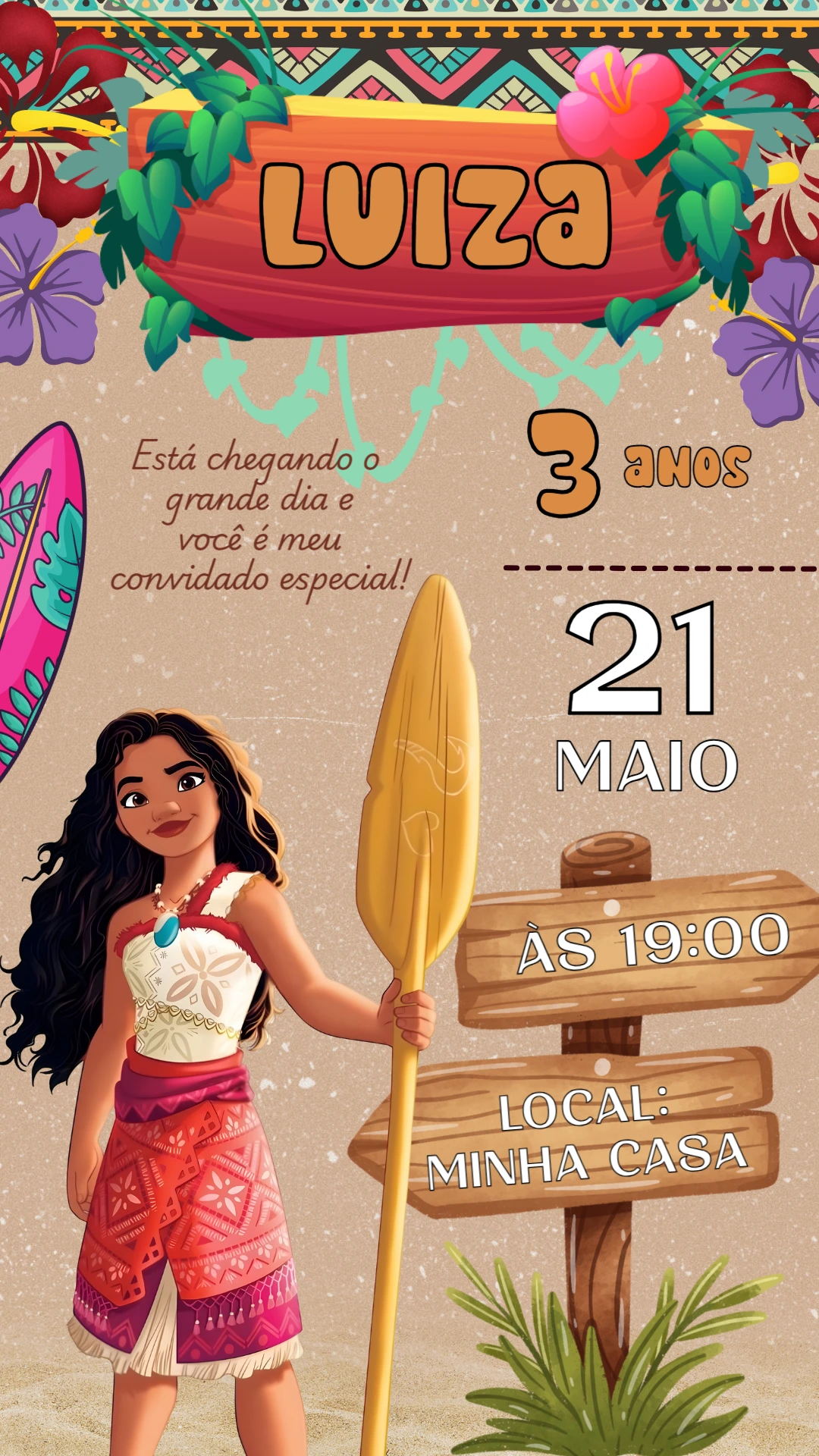 Convite de Aniversário Moana para Editar e Imprimir