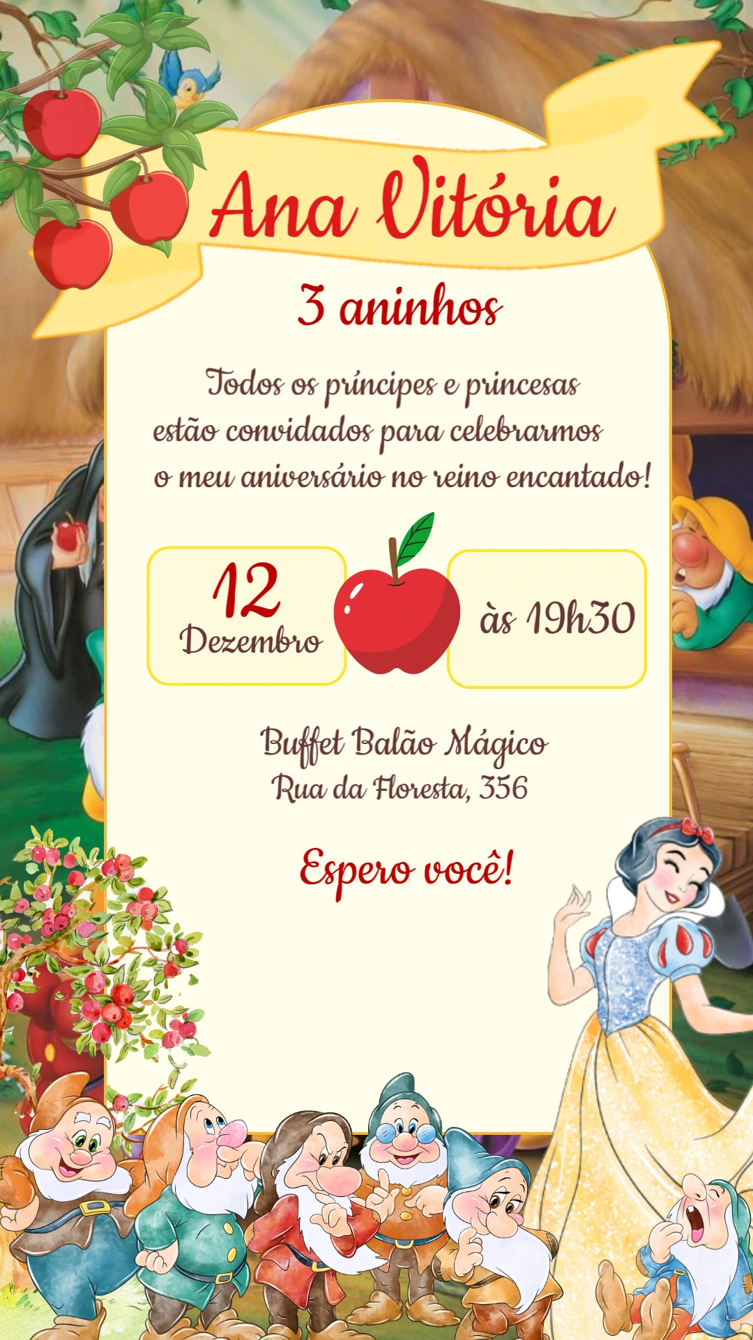 Convite Aniversário Branca de Neve e os Sete Anões para Editar