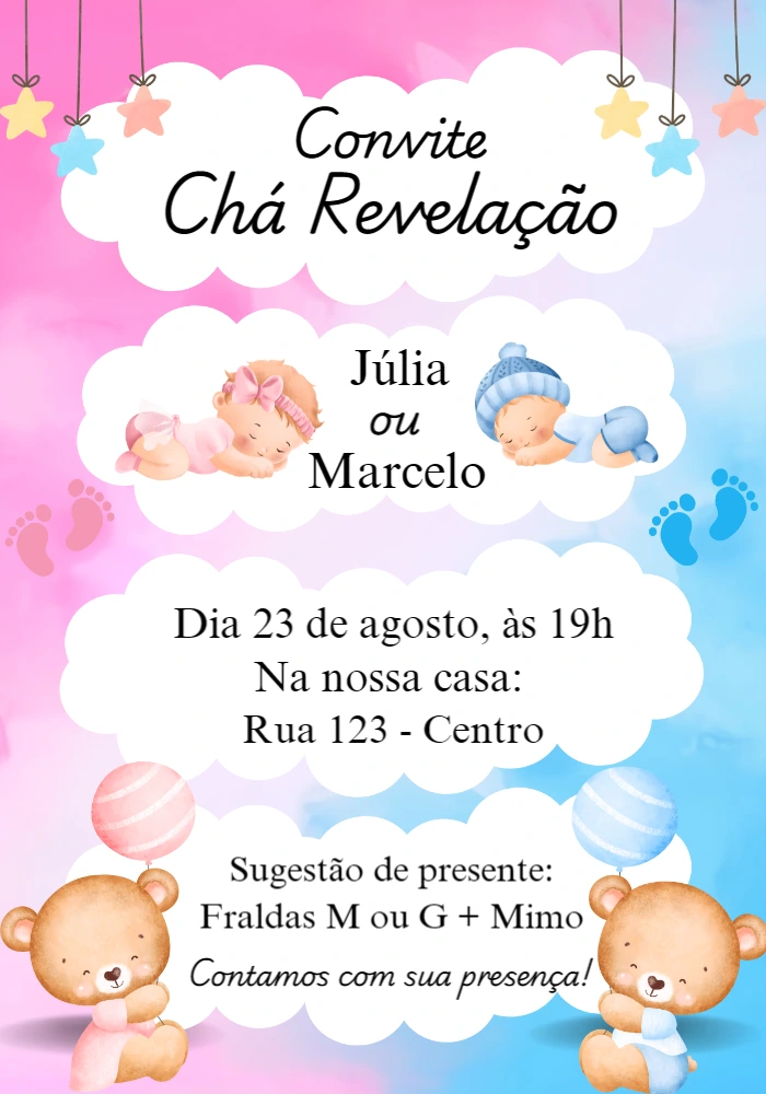 Convite Chá Revelação Ursinhos Aquarela para Editar Online