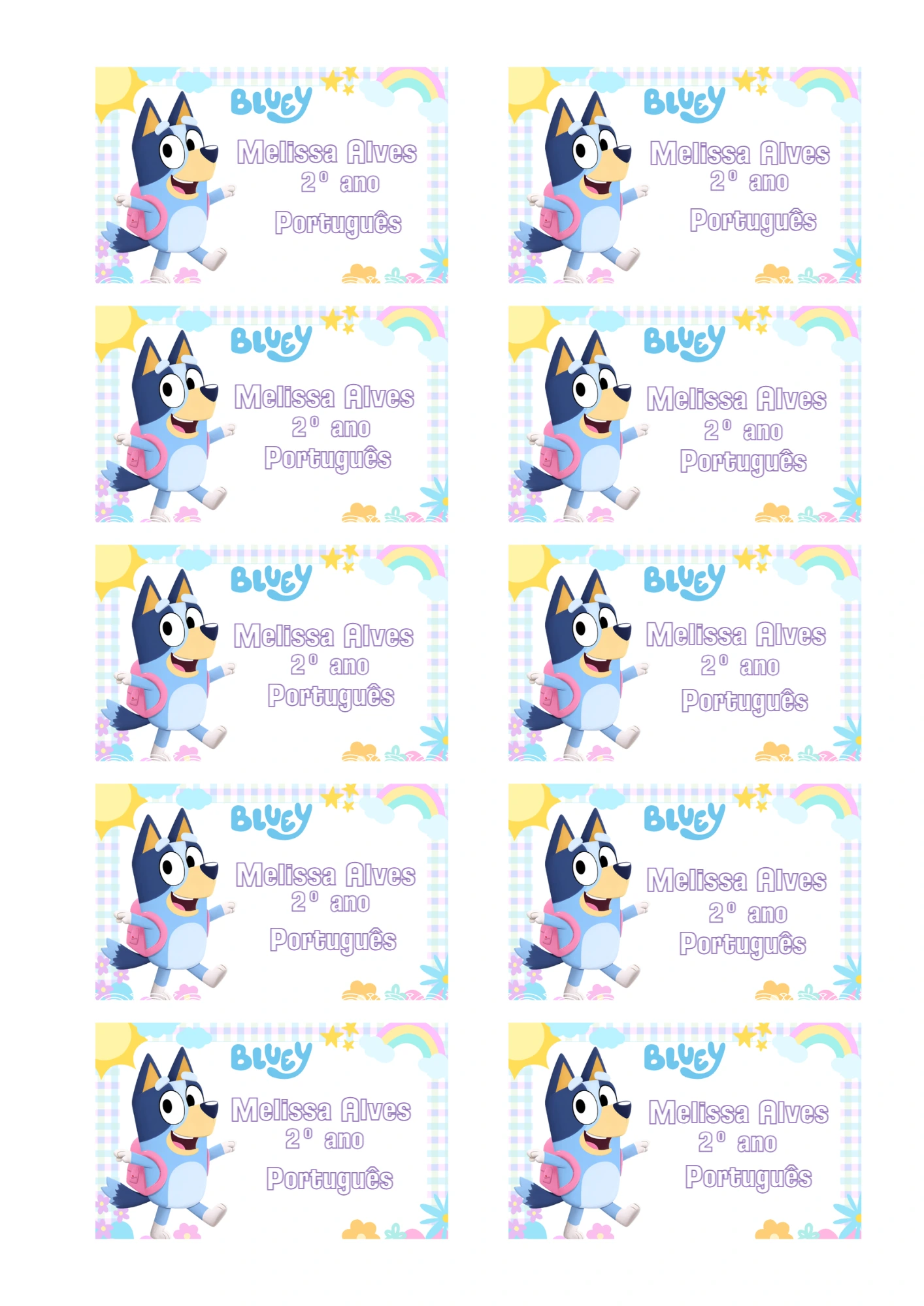 Etiqueta Escolar Bluey Colorida para Editar e Imprimir