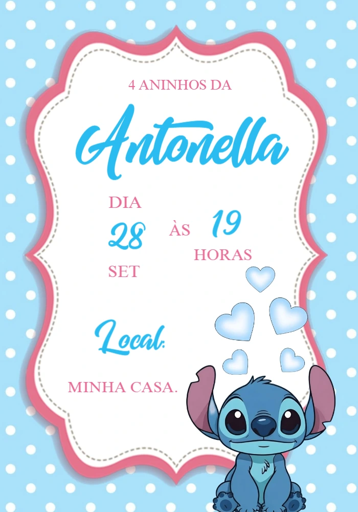 Convite de Aniversário Stitch Fofo e Delicado para Editar