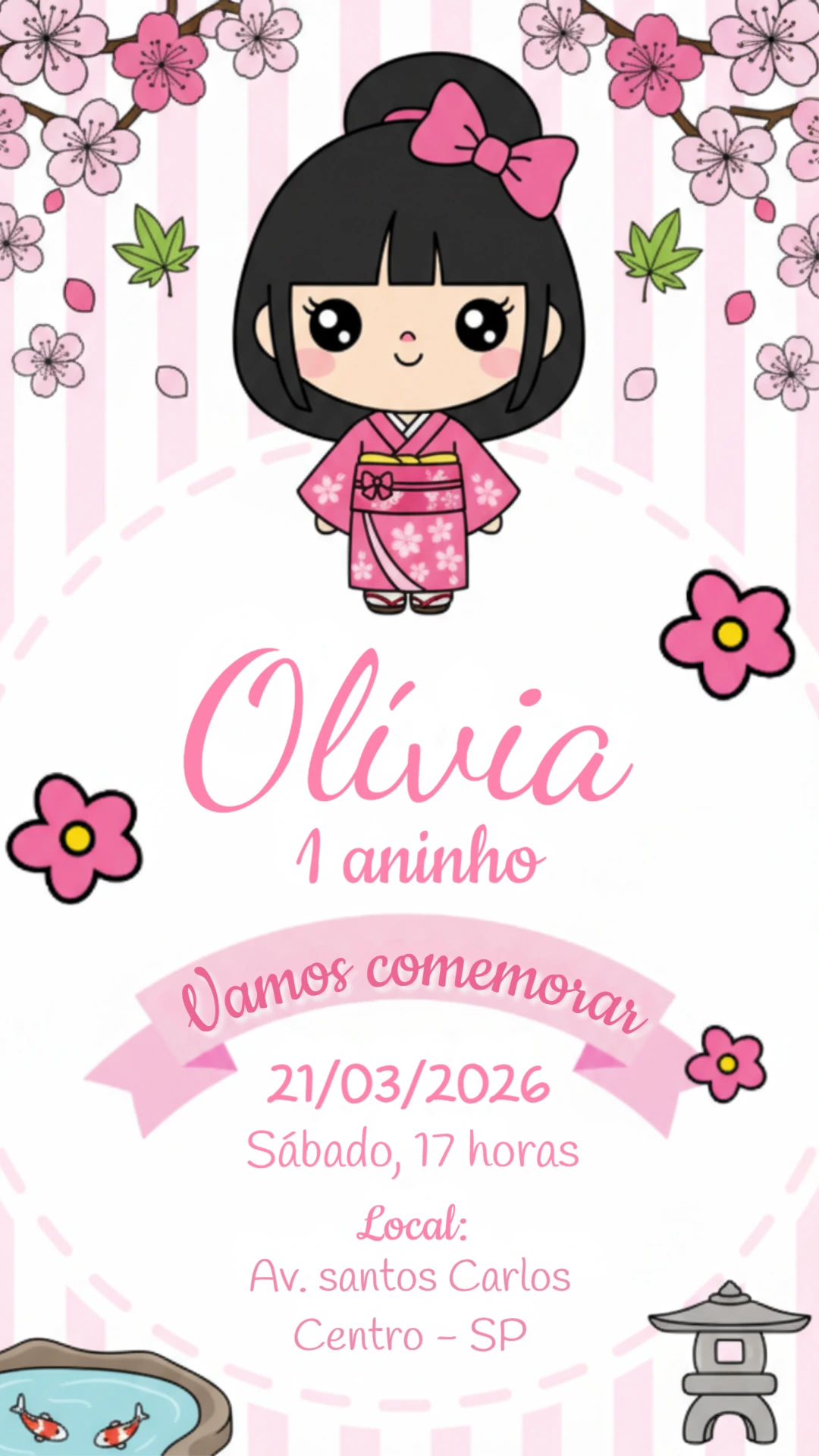 Convite de Aniversário Japonês Kokeshi Rosa para Editar