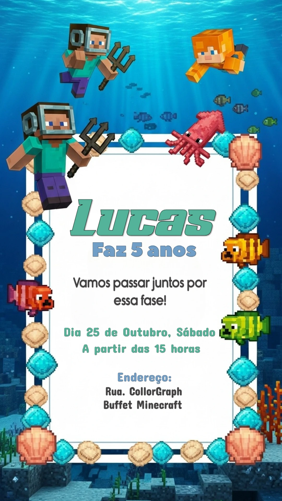 Convite Aniversário Minecraft Fundo do Mar para Editar Online