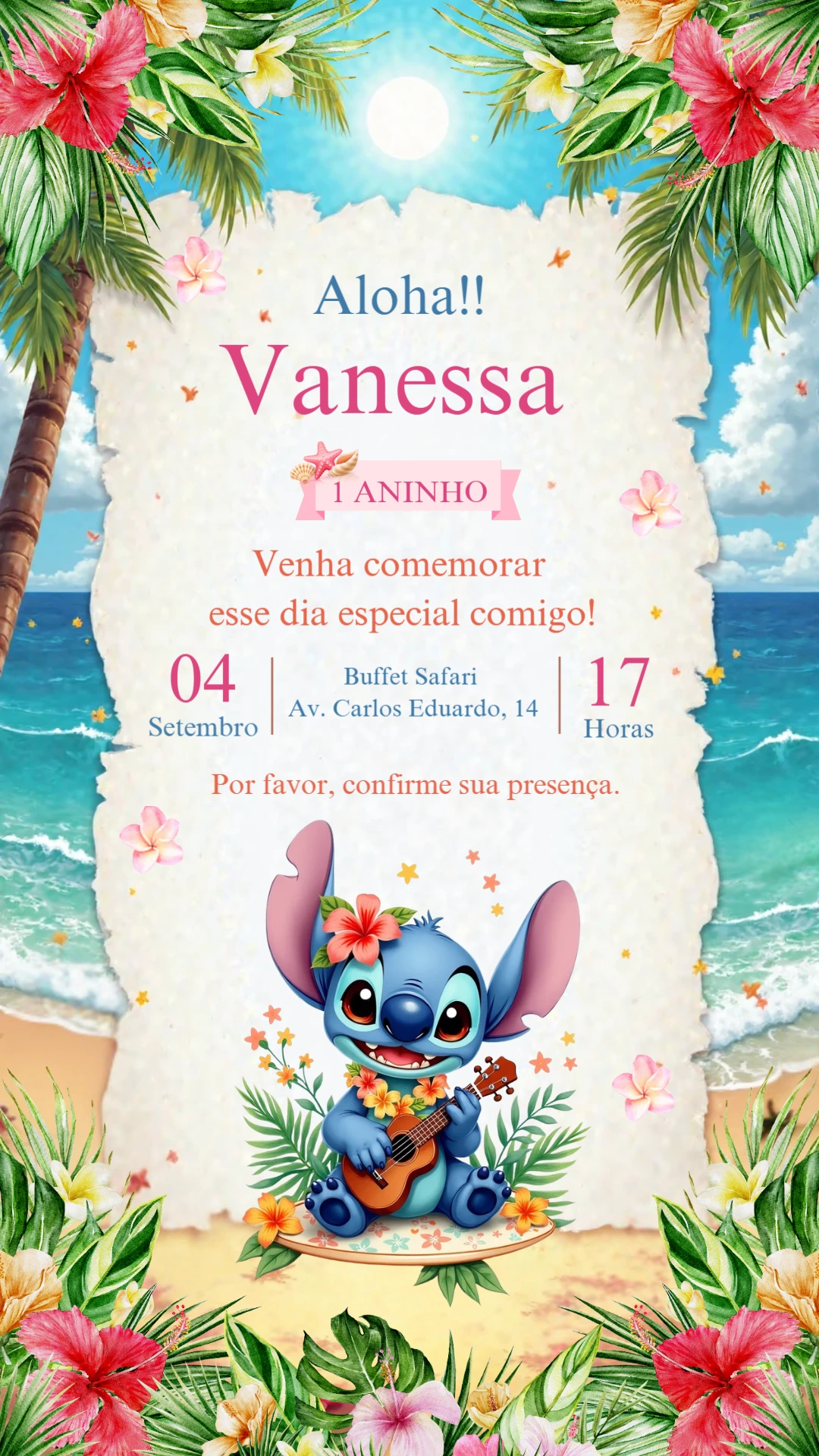 Convite de Aniversário Stitch Tropical para Editar Online