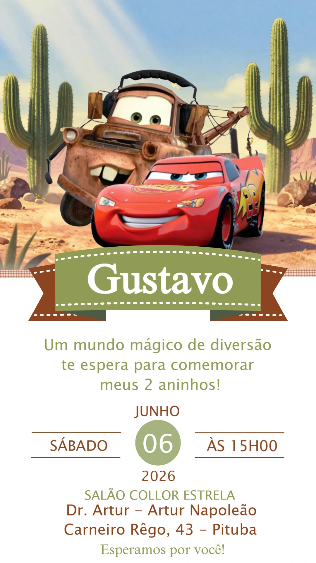 Convite Digital Aniversário Infantil Tema Carros para Editar