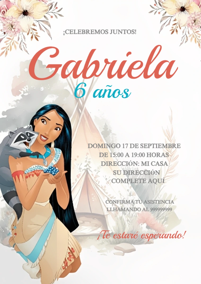 Invitación de Cumpleaños Pocahontas Estilo Boho para Editar
