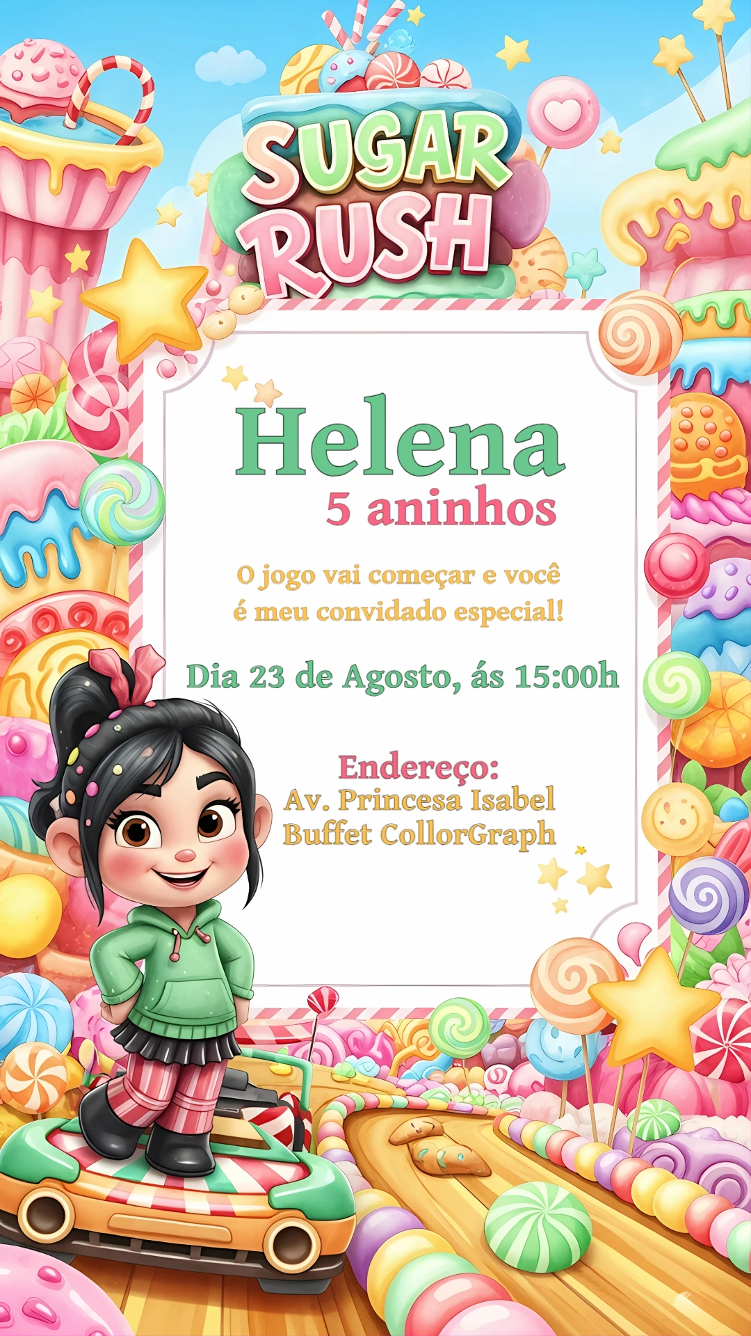 Convite de Aniversário Vanellope Sugar Rush para Editar