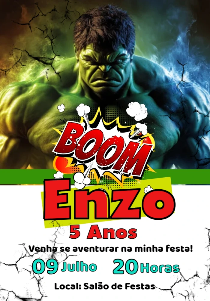 Convite de Aniversário Hulk para Editar e Imprimir