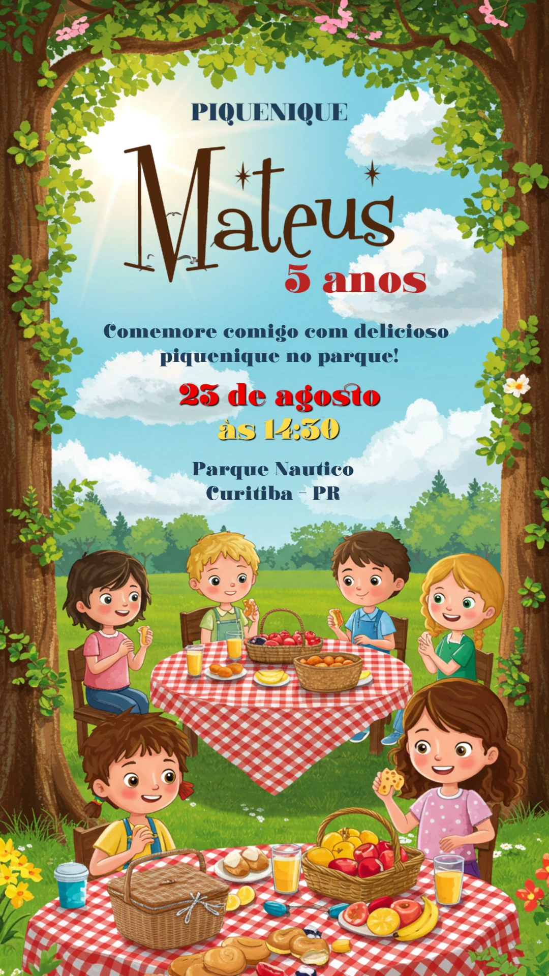 Convite de Aniversário Piquenique no Parque para Editar Online