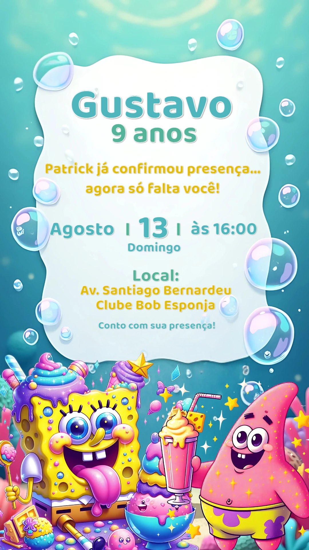 Convite Aniversário Bob Esponja e Patrick para Editar Online