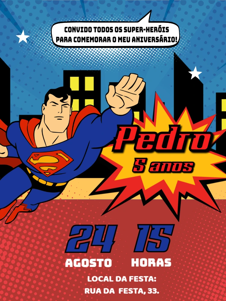 Convite Aniversário Super Homem para Editar Online