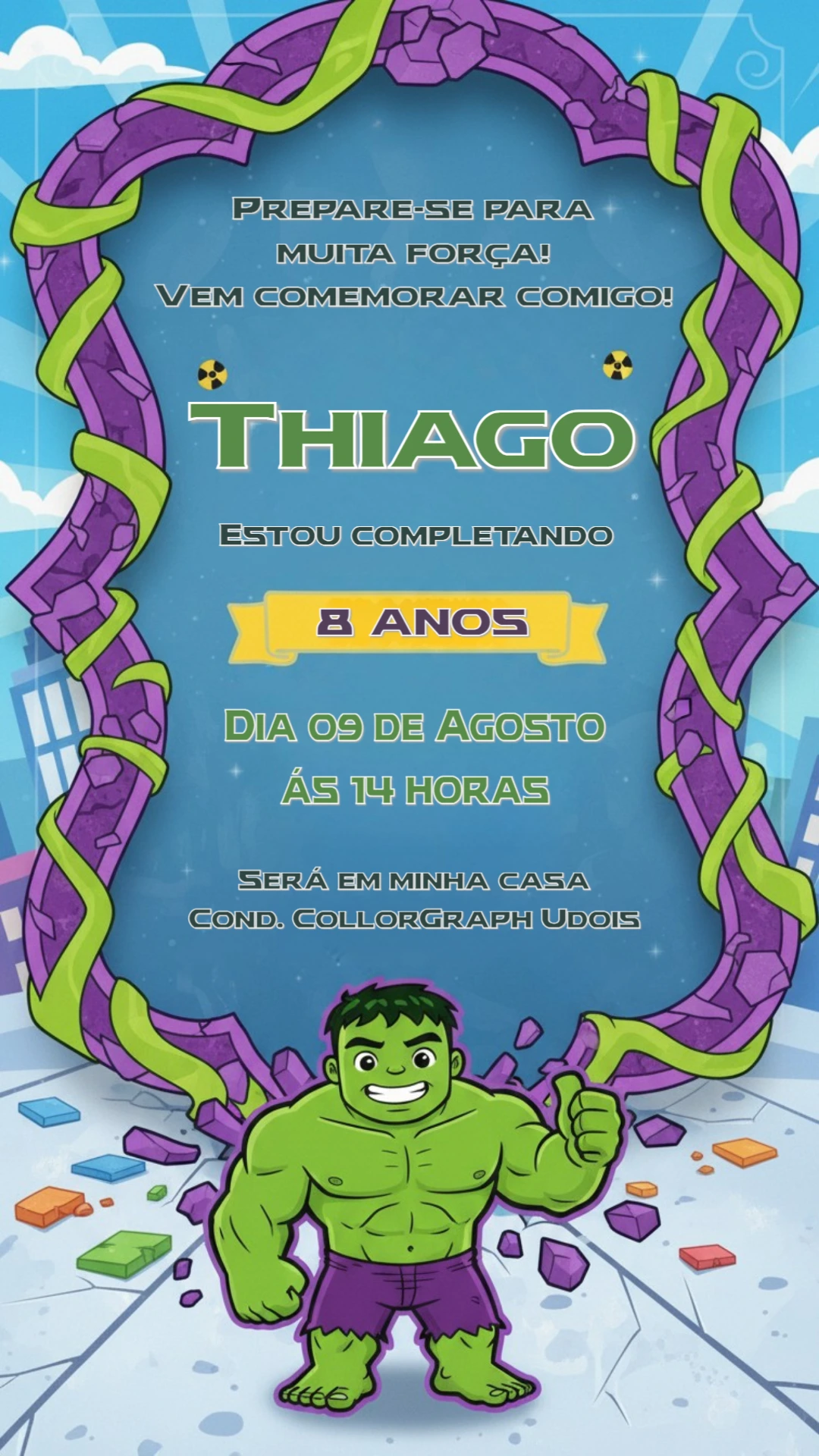 Convite Digital Aniversário Infantil Tema Hulk Editável