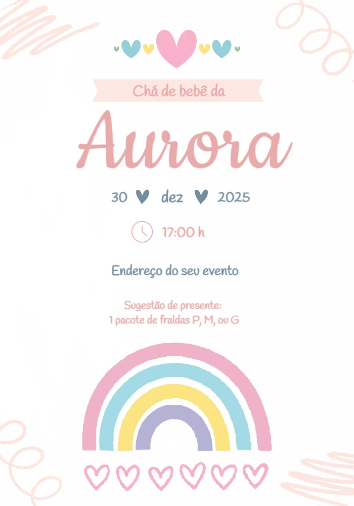 Convite Chá de Bebê Arco Íris Delicado para Editar Online